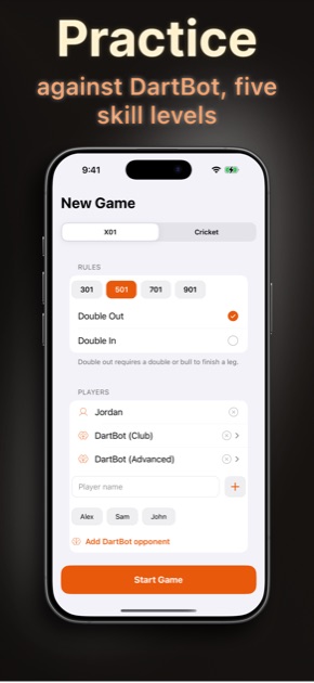 Darts Scorer — new game setup with DartBot opponent