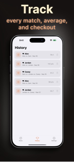 Darts Scorer — match history with averages