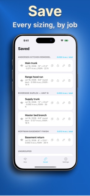HVAC Ductulator Saved tab with sizings grouped by job