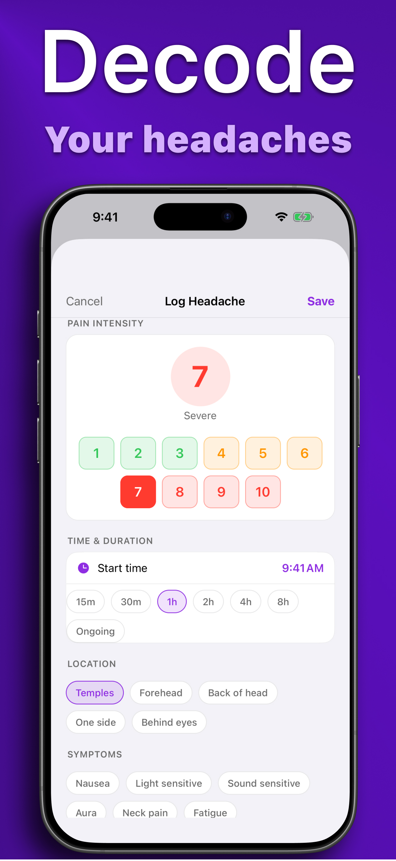Headache Journal log screen with intensity grid and trigger tags