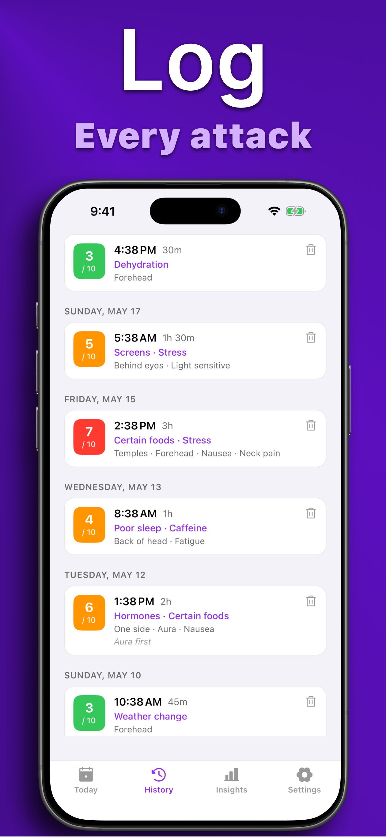 Headache Journal history tab with severity badges and durations
