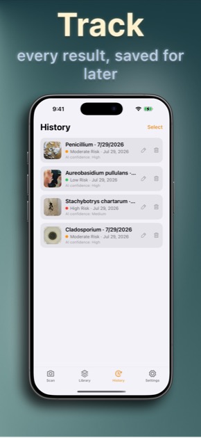 Mold Identifier scan history list with saved results and dates