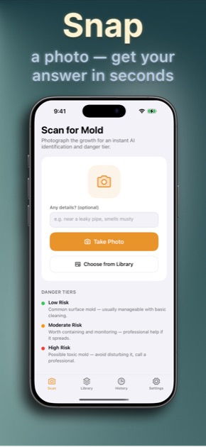 Mold Identifier scan screen with photo capture and optional context notes