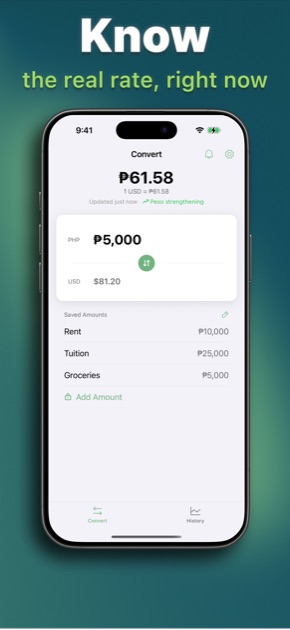 PHP to USD Conversion Convert tab with live rate and saved amounts