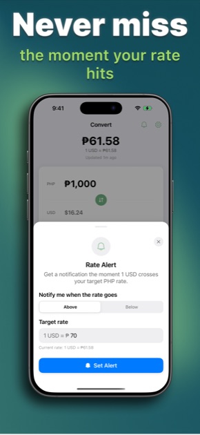PHP to USD Conversion Rate Alert setup screen