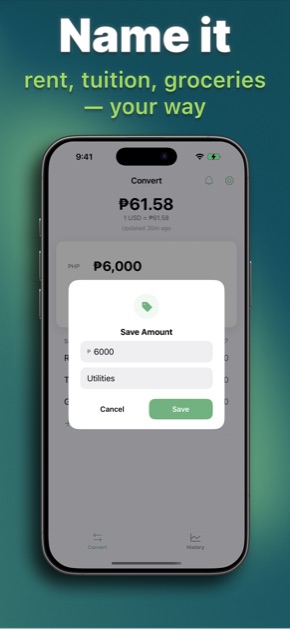 PHP to USD Conversion Add Amount dialog with custom name