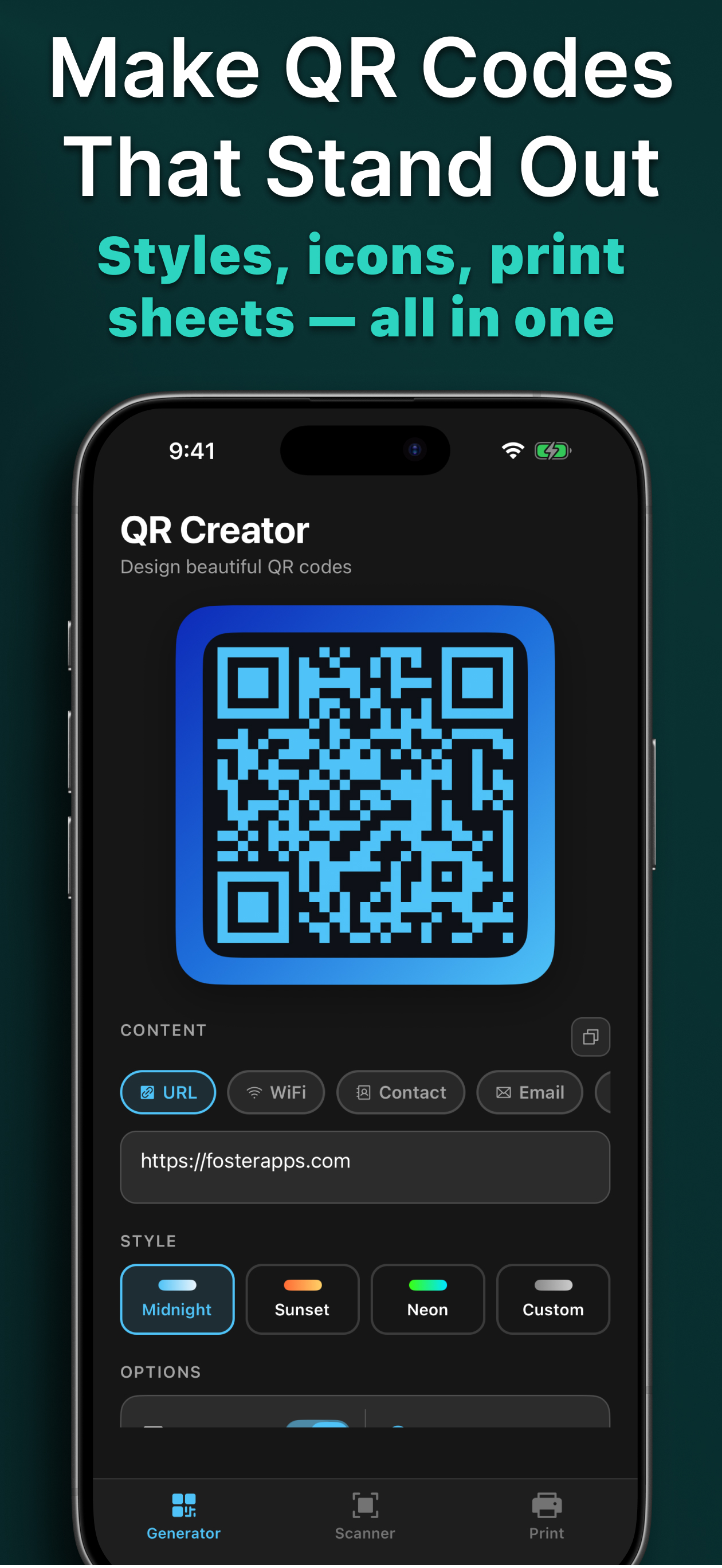 QR Creator — URL mode, Midnight theme