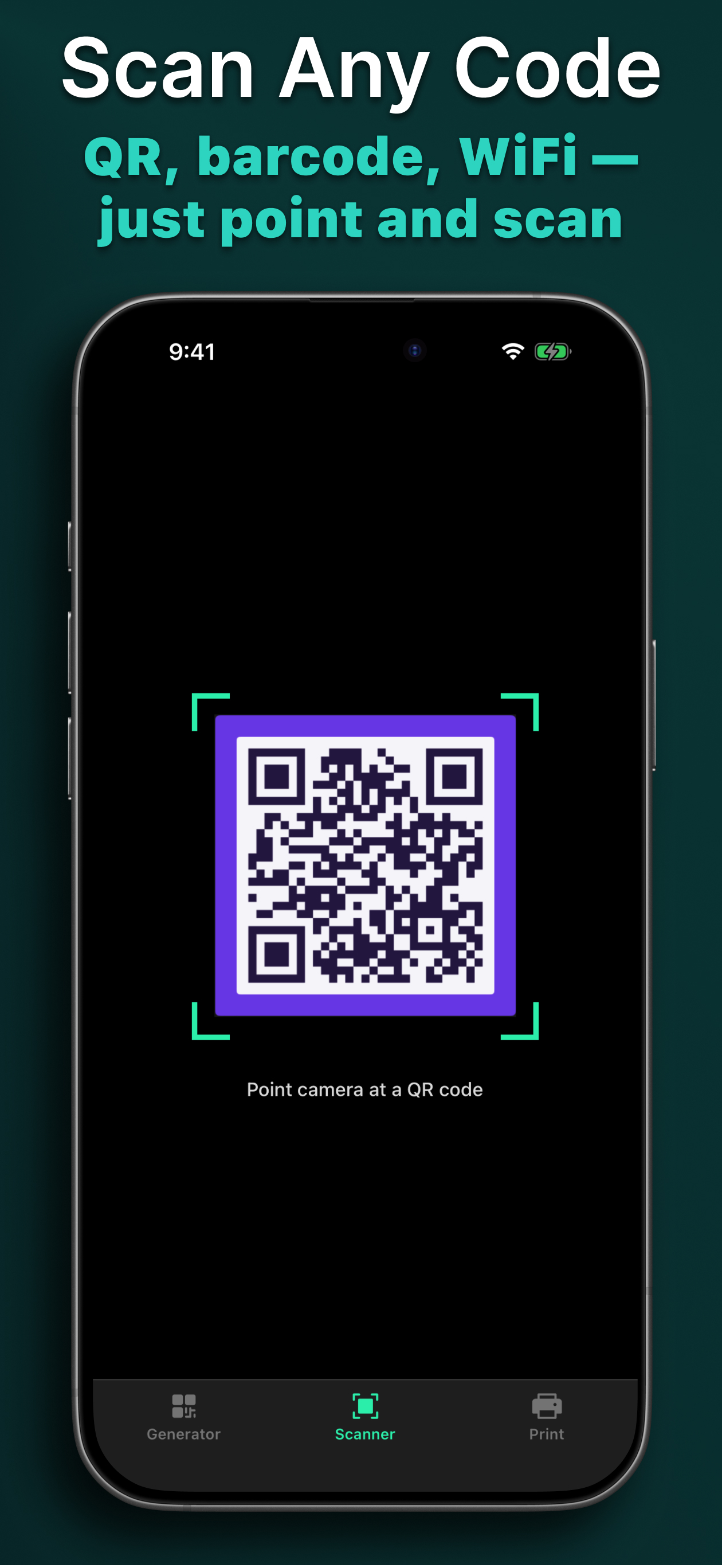 QR Creator — scanner with camera viewfinder