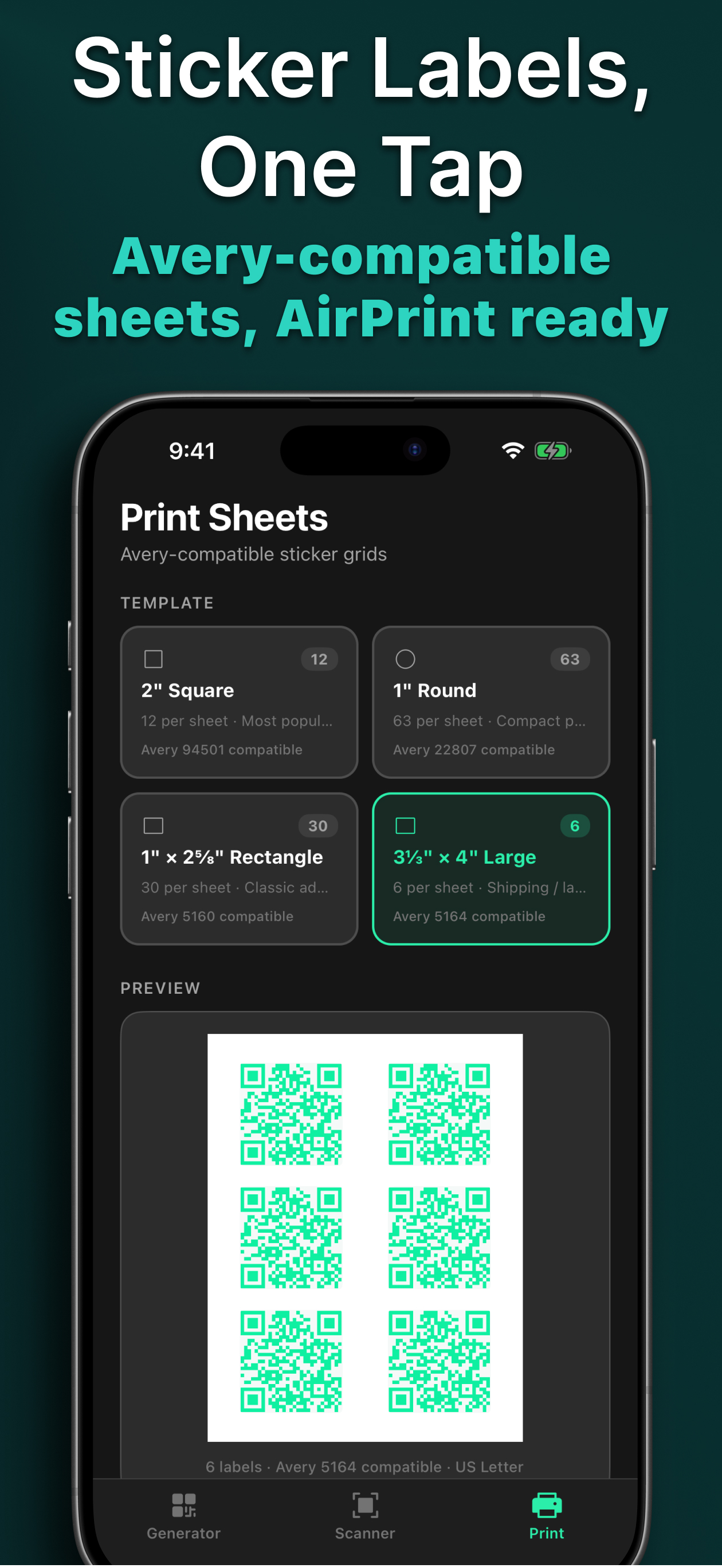 QR Creator — Avery-compatible sticker sheet preview
