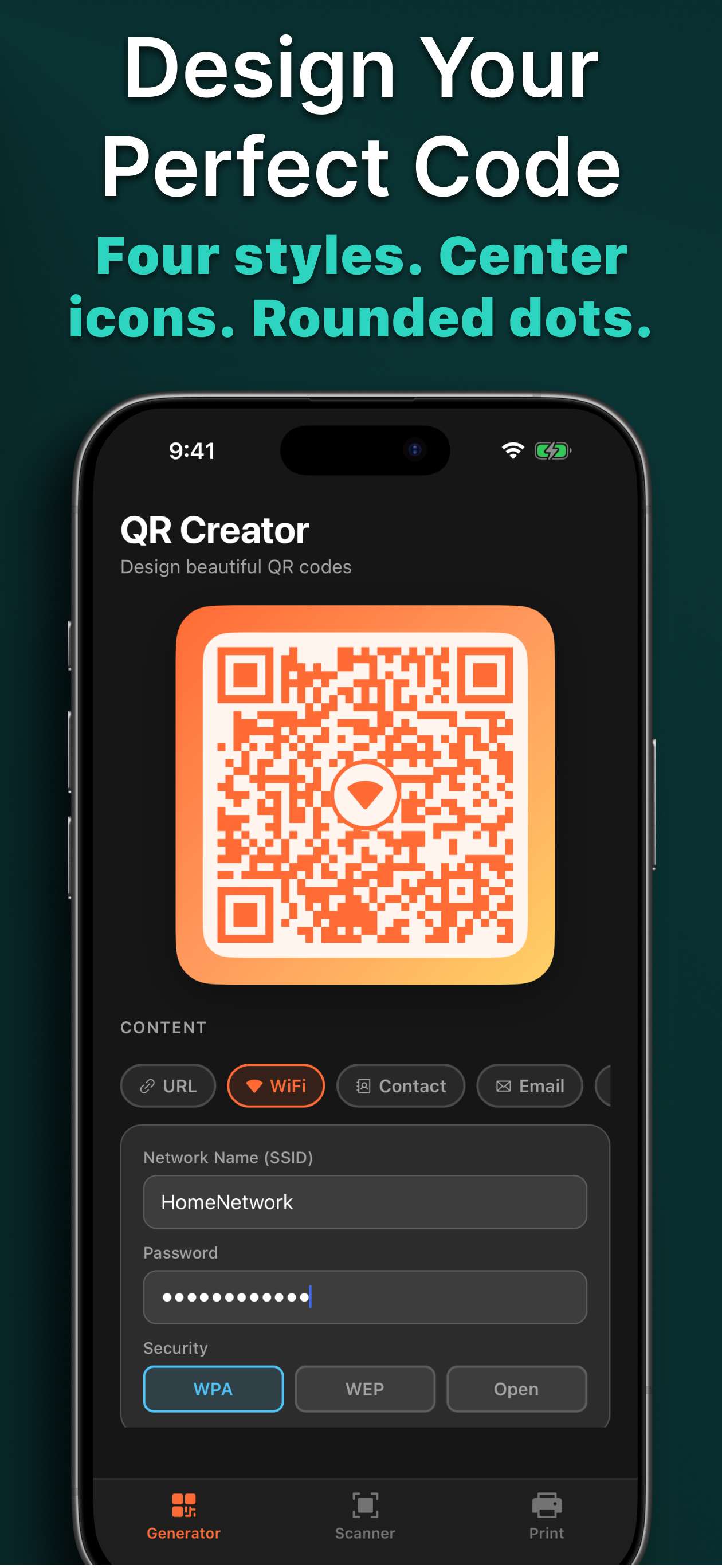QR Creator — WiFi QR code with Sunset theme and rounded dots