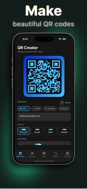 QR Creator — URL mode, Midnight theme