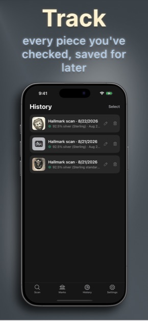Silver Hallmark Identifier scan history list with saved hallmark results