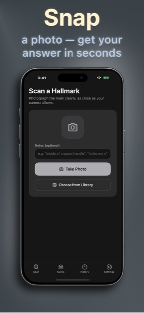 Silver Hallmark Identifier scan screen with photo capture and optional notes