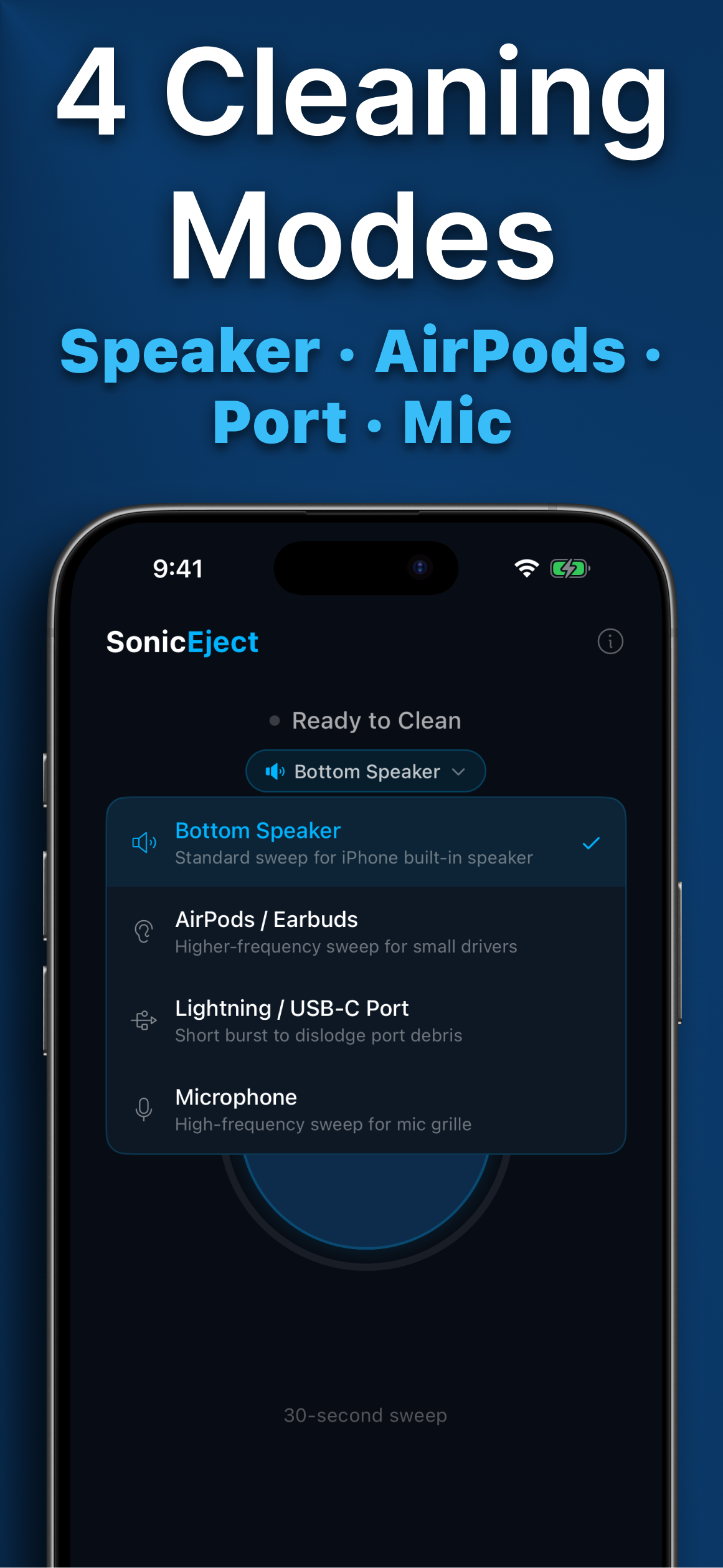 SonicEject 4 cleaning modes — speaker, AirPods, port and mic