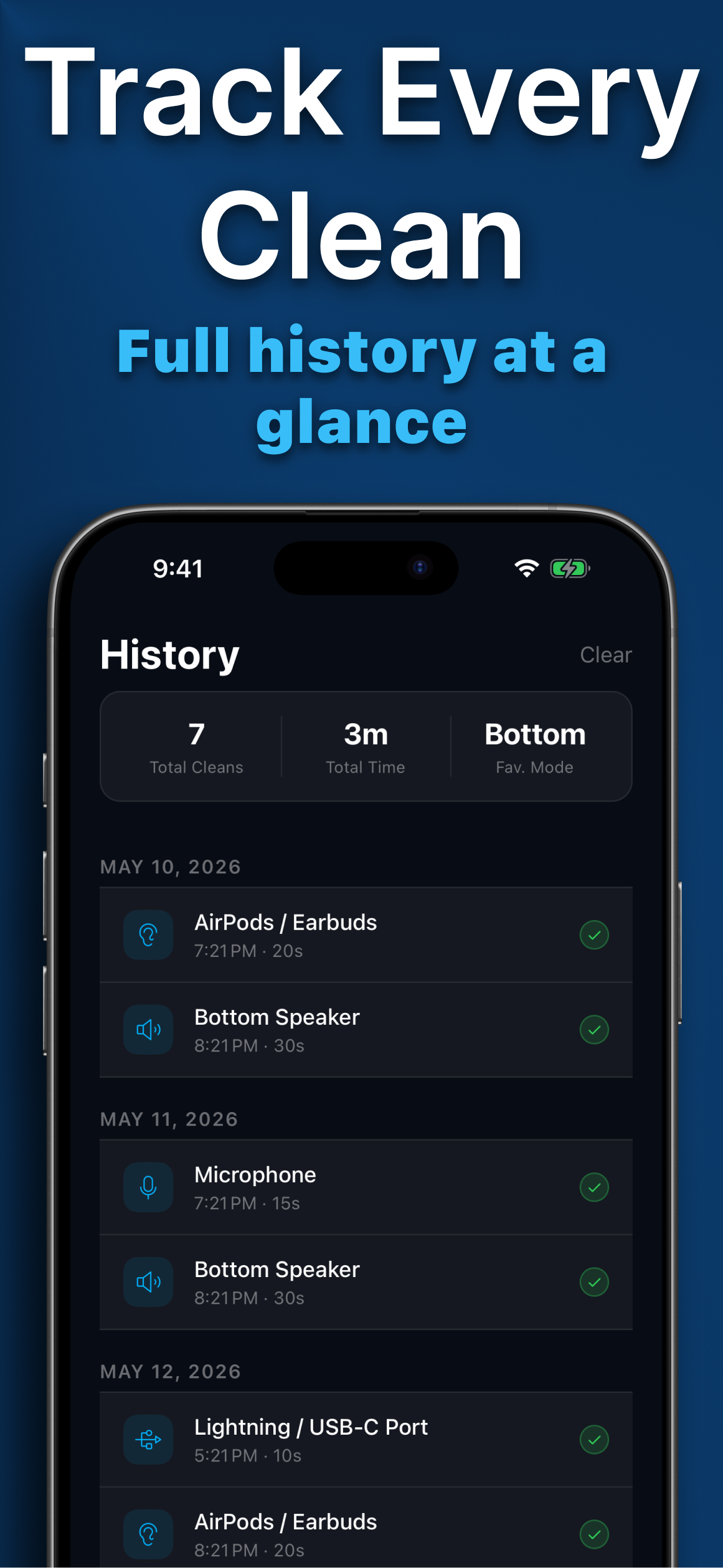 SonicEject cleaning history log