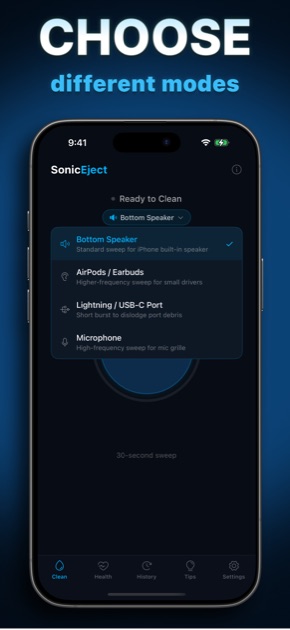 SonicEject 4 cleaning modes — speaker, AirPods, port and mic