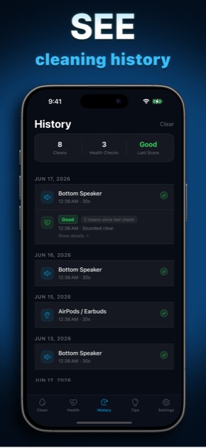 SonicEject cleaning history log