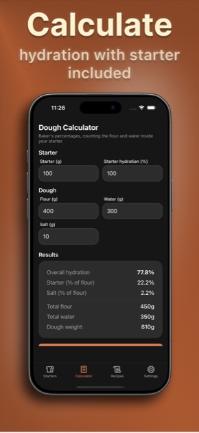 Sourdough dough calculator showing overall hydration, starter percentage, salt percentage and total dough weight