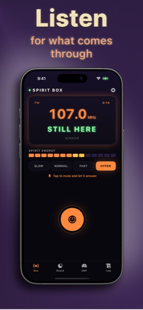 Spirit Box ghost box app mid-session with live word capture and static scanner