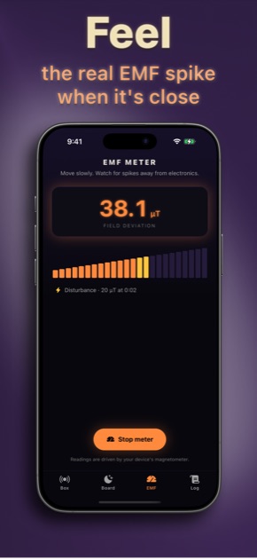 Spirit Box EMF meter showing a live magnetometer reading and disturbance history