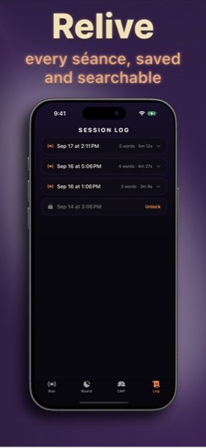 Spirit Box saved session log with timestamps and captured words