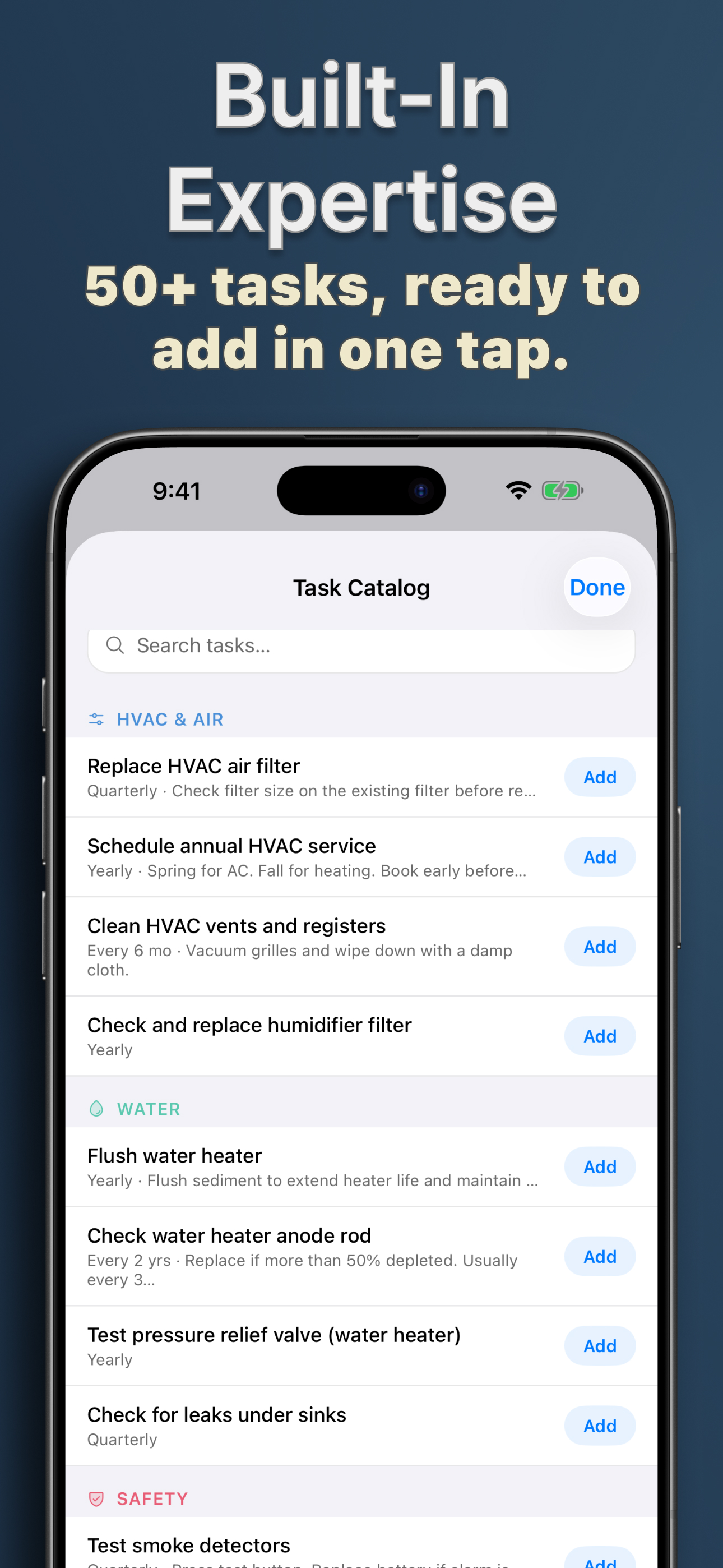 Stead dashboard showing upcoming maintenance tasks